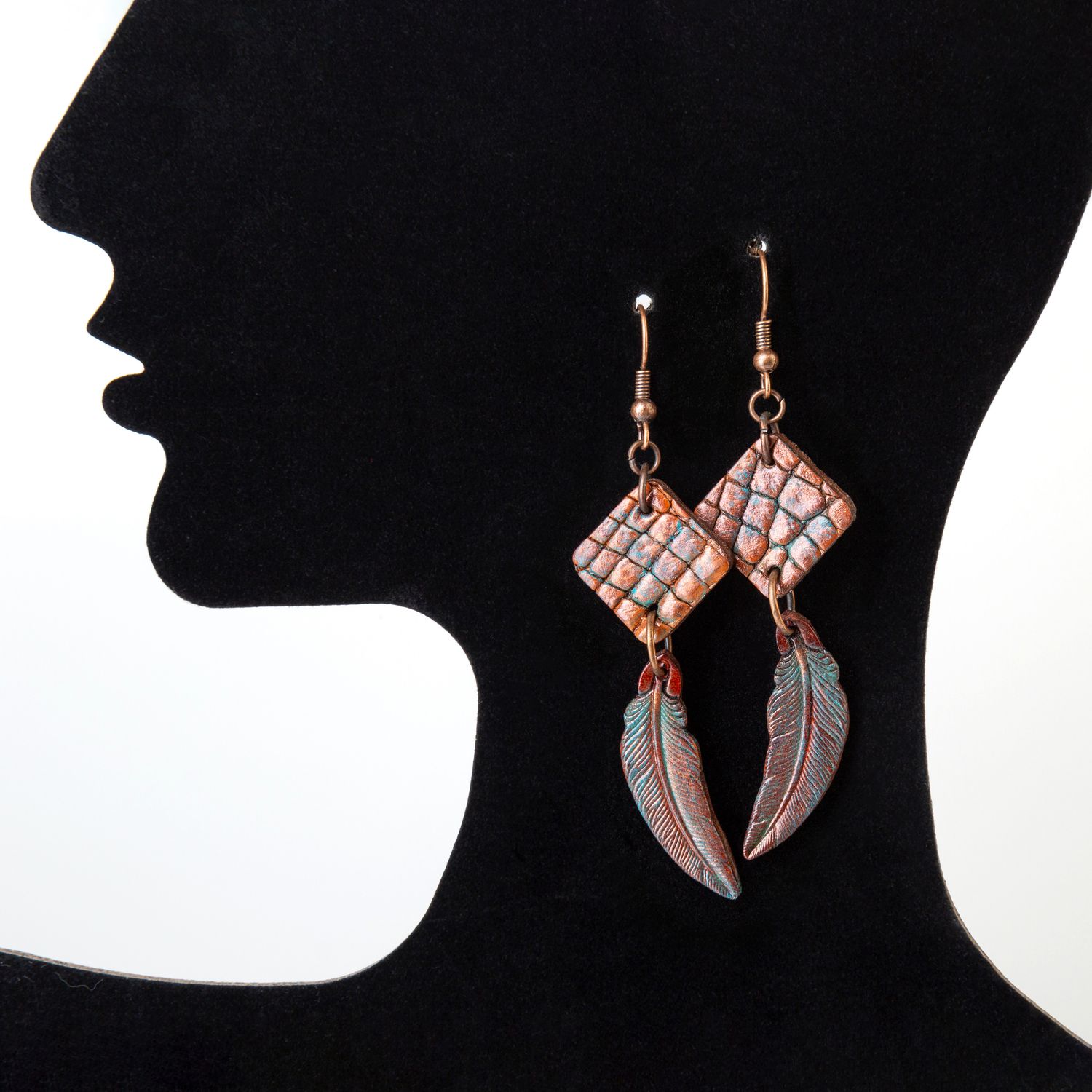 Boho style earrings with crocodile leather, turquoise patina and copper furniture - Boho chic by GemsPlusLeather