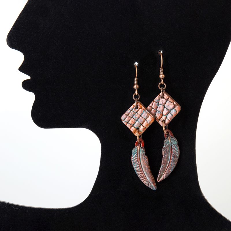Boho style earrings with crocodile leather, turquoise patina and copper furniture - Boho chic by GemsPlusLeather