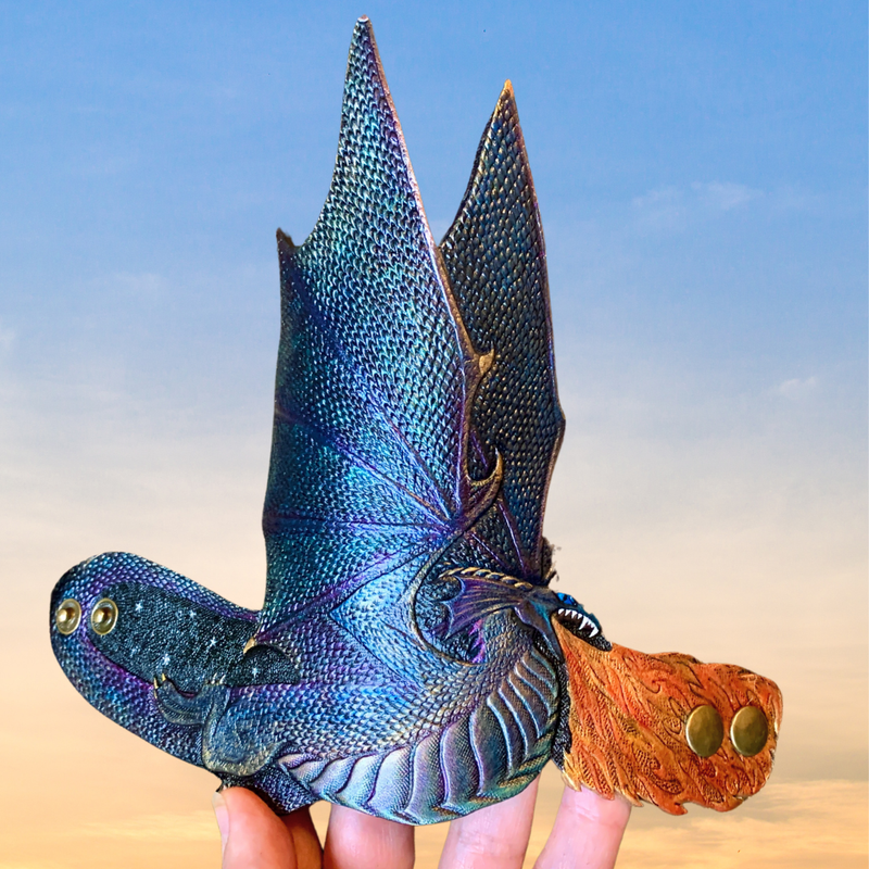 Hand tooled and hand painted leather flying dragon cuff bracelet with iridescent rainbow sheen - Artisan jewelry by GemsPlusLeather