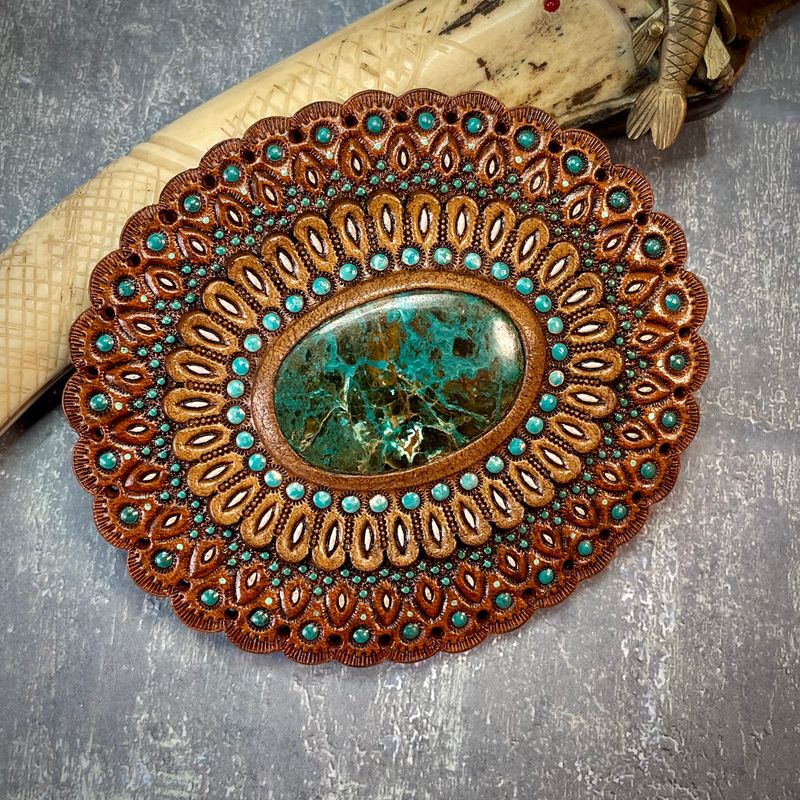 Tooled leather belt buckle face with chrysocolla cabochon - Art supply for belt makers