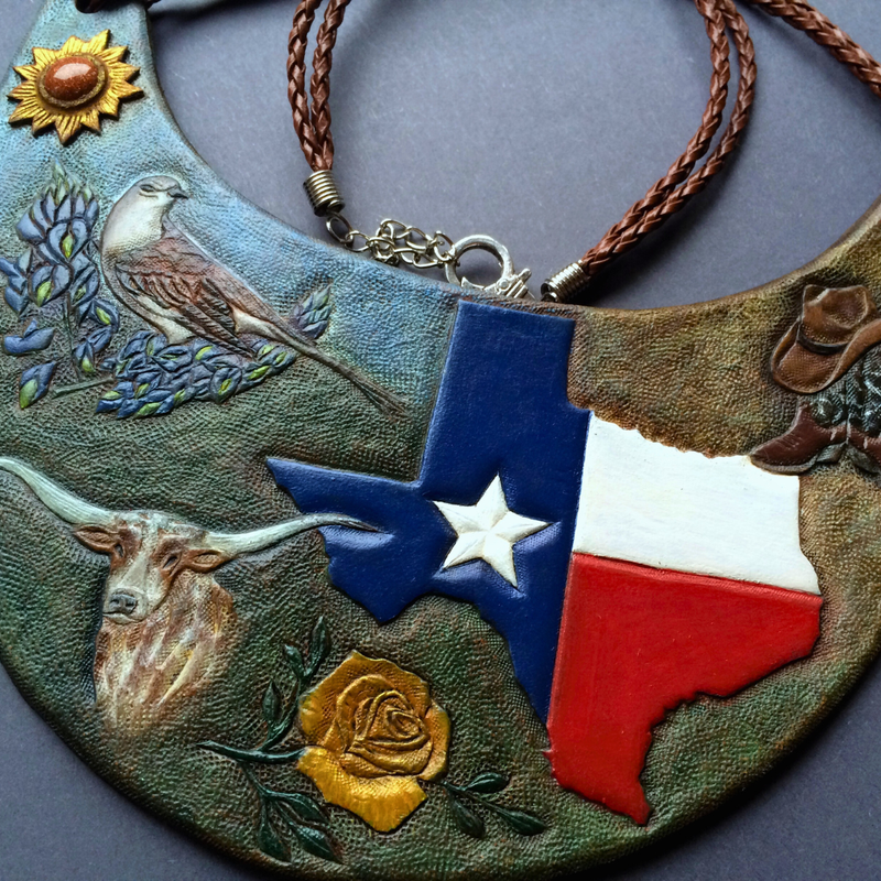 Hand tooled leather bib necklace with symbols of Texas - Exclusive jewelry for real patriots ;)