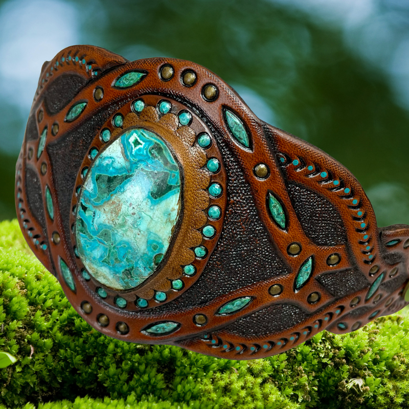 Hand tooled leather boho unisex cuff bracelet with chrysocolla-malachite - Vintage looking boho jewelry by Gemsplusleather