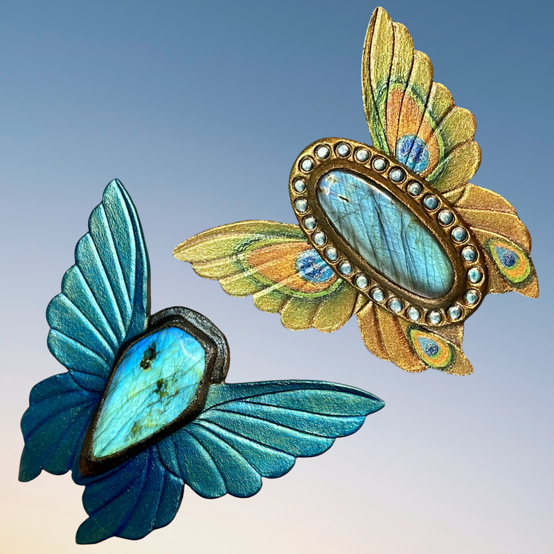 Hand tooled leather butterfly concho / pendant with labradorite - Natural gemstone accessory - Gemstone concho for a bag - Bag accessory