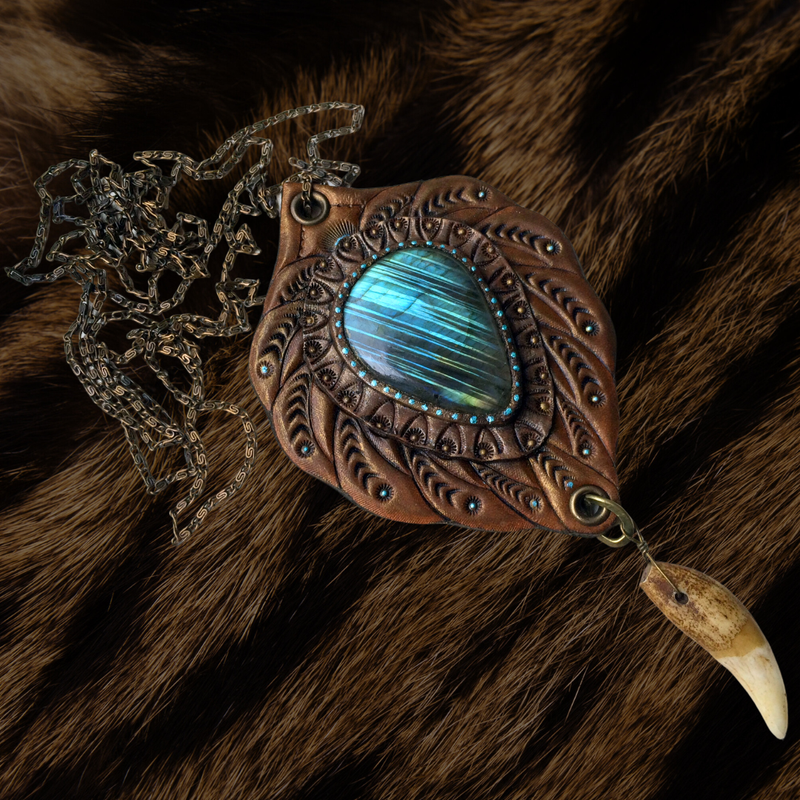 Fantasy tooled leather pendant with amazing blue labradorite cabochon, wolf fang and bronze chain - Tribal hand tooled leather jewelry