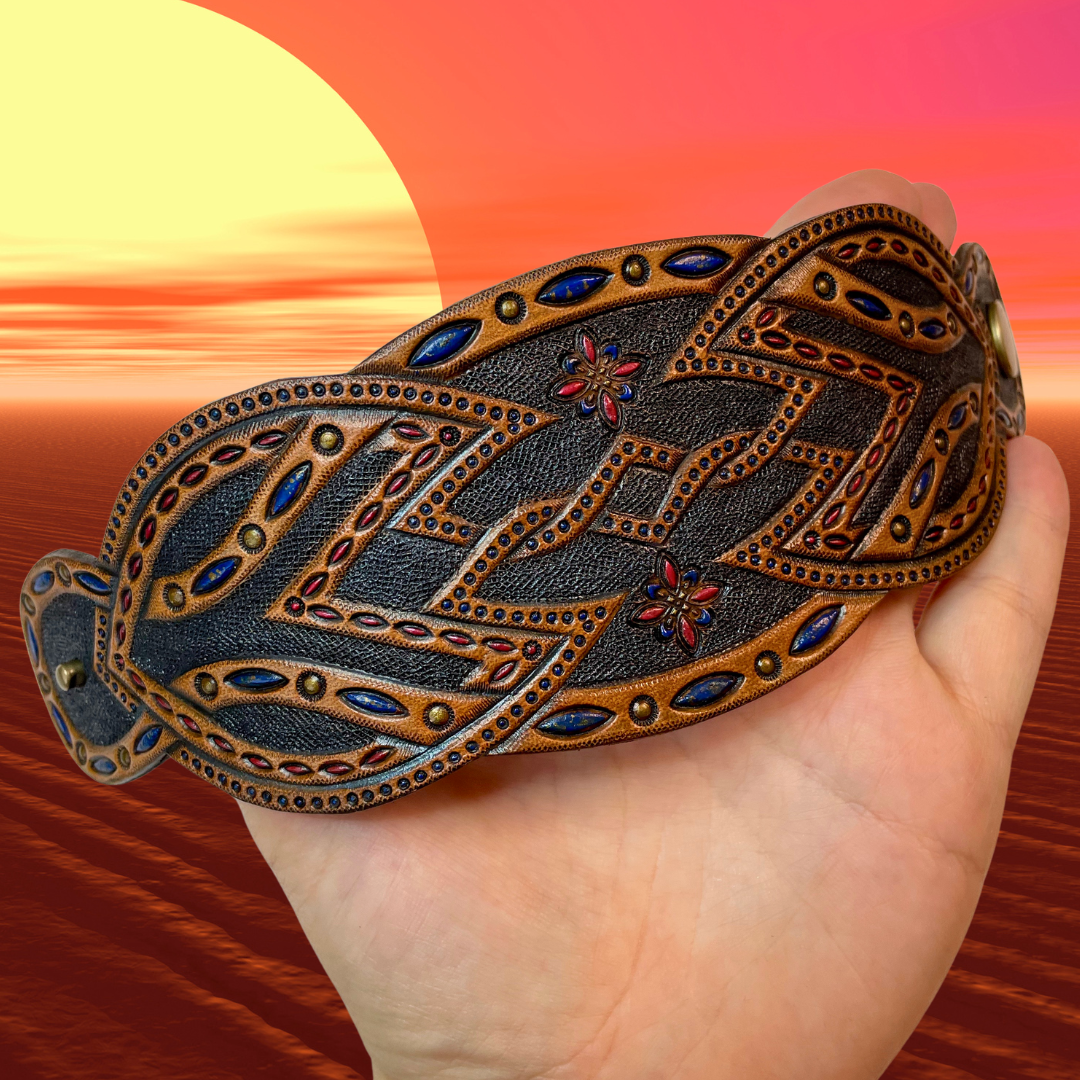 Hand tooled and hand painted leather tribal cuff bracelet