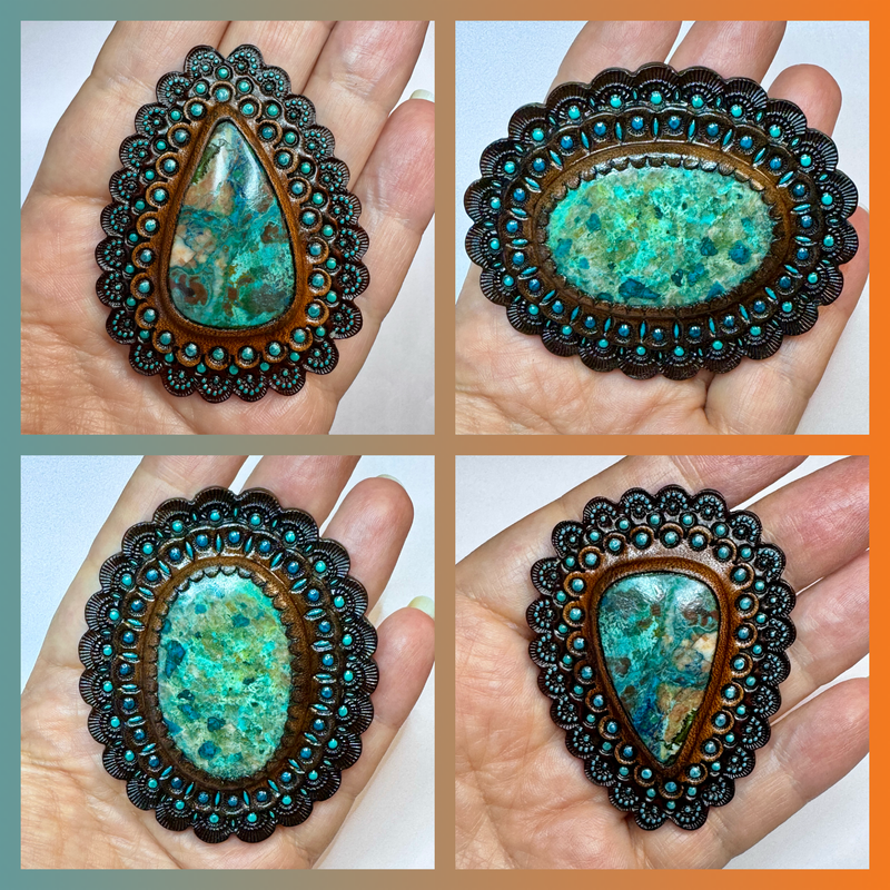 Hand tooled leather conchos with chrysocolla - Natural gemstone accessory - Concho for a Boho bag - Bag accessory - Bag maker&#39;s supply