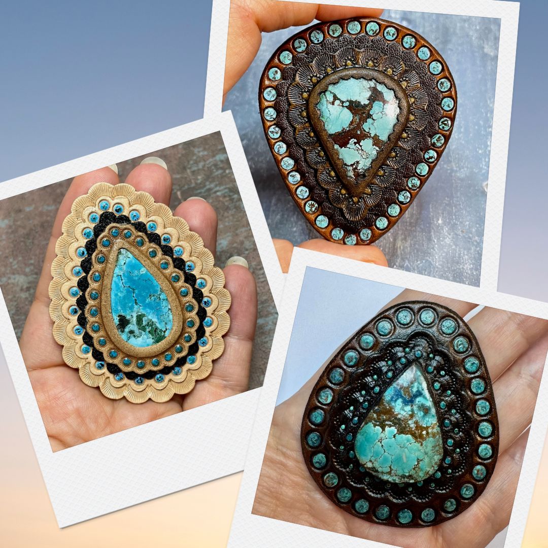 Hand tooled leather concho with turquoise - Natural gemstone accessory - Bag accessory - Bag maker&#39;s supply