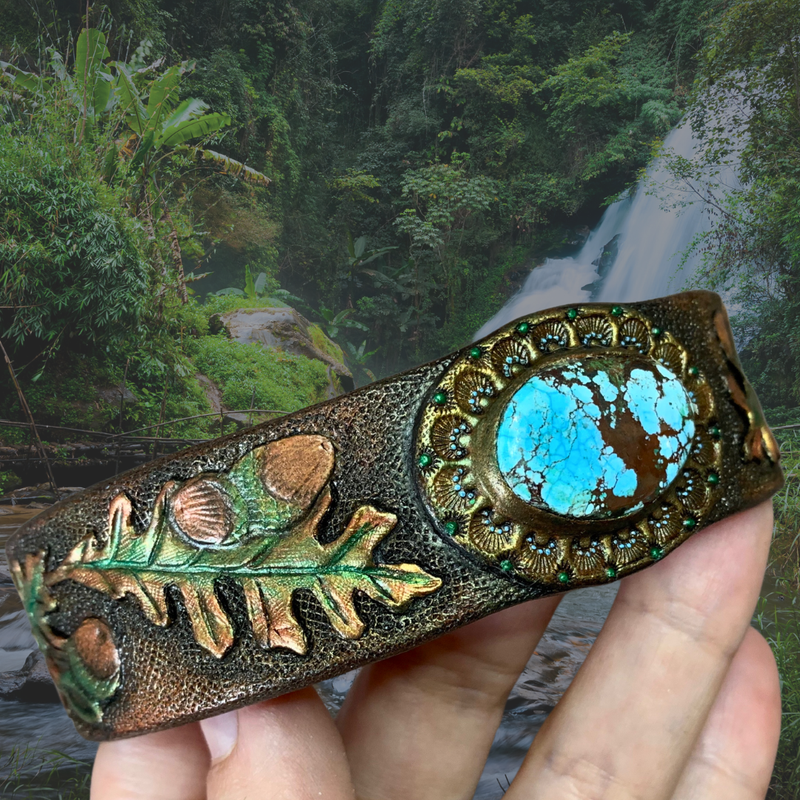 Hand tooled and hand painted leather Western / wicca / pagan / druid&#39;s bracelet with turquoise and carved oak leaves and acorns
