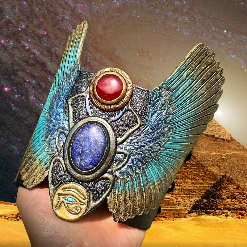 Tooled leather Egyptian scarab bracelet with gemstones - Hand tooled and hand painted jewelry with lapis lazuli and carnelian