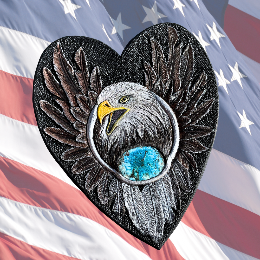 Tooled leather bald eagle with turquoise - 3D leather piece by GemsPlusLeather - Patriotic jewelry and accessories - Bald eagle leather appliqué / patch