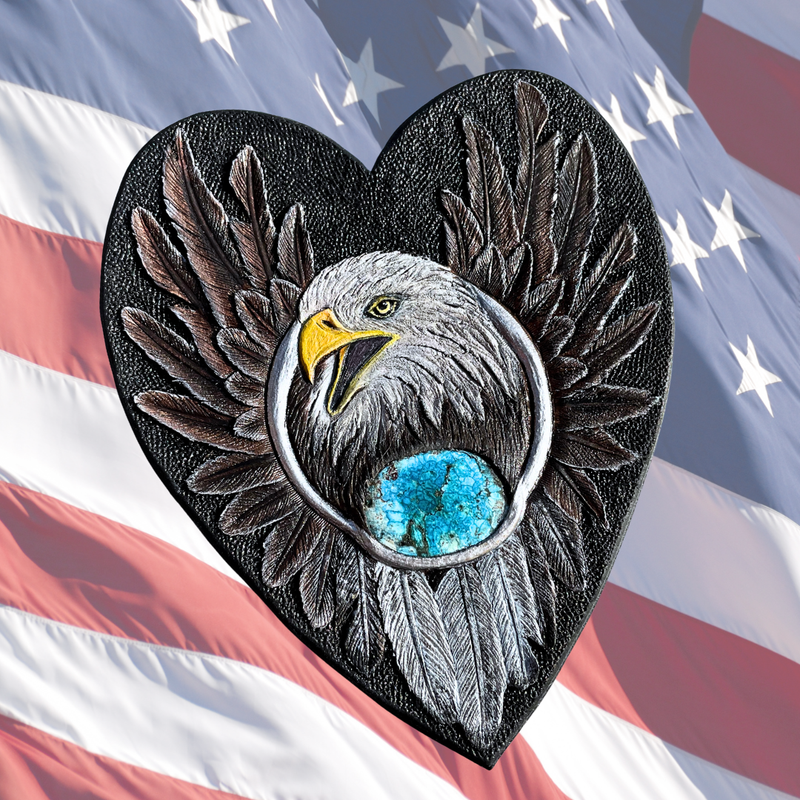 Tooled leather bald eagle with turquoise - 3D leather piece by GemsPlusLeather - Patriotic jewelry and accessories - Bald eagle leather appliqué / patch