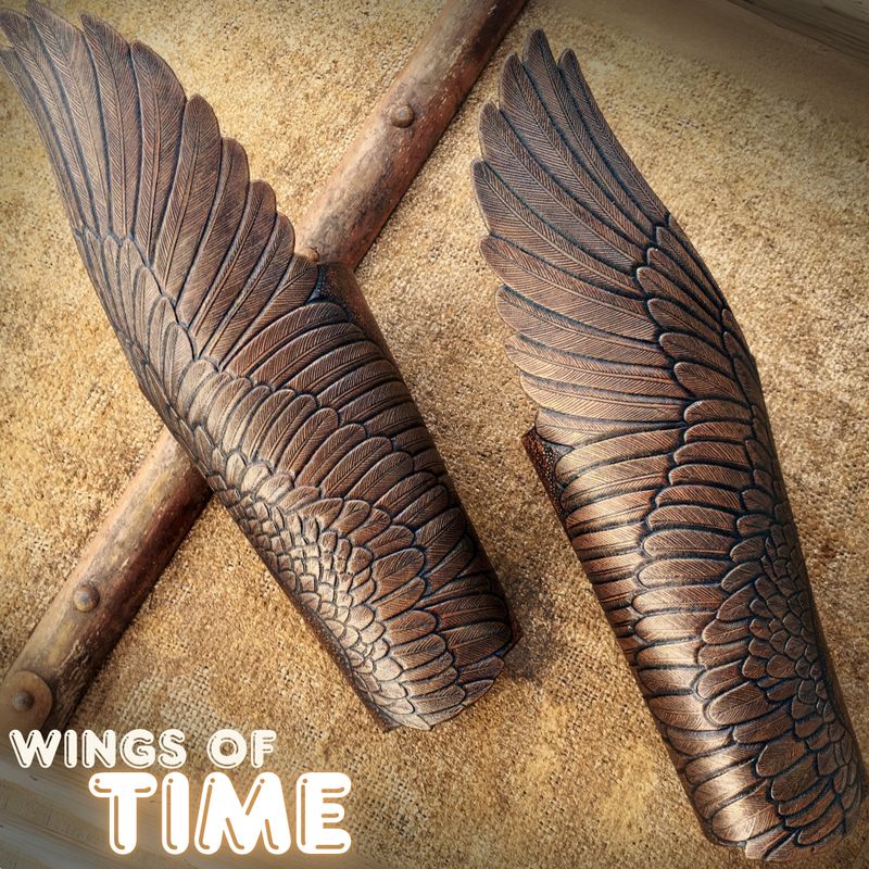 Pair of antique bronze looking leather wings bracers with lacing - Hand carved and hand painted leather winged armguards
