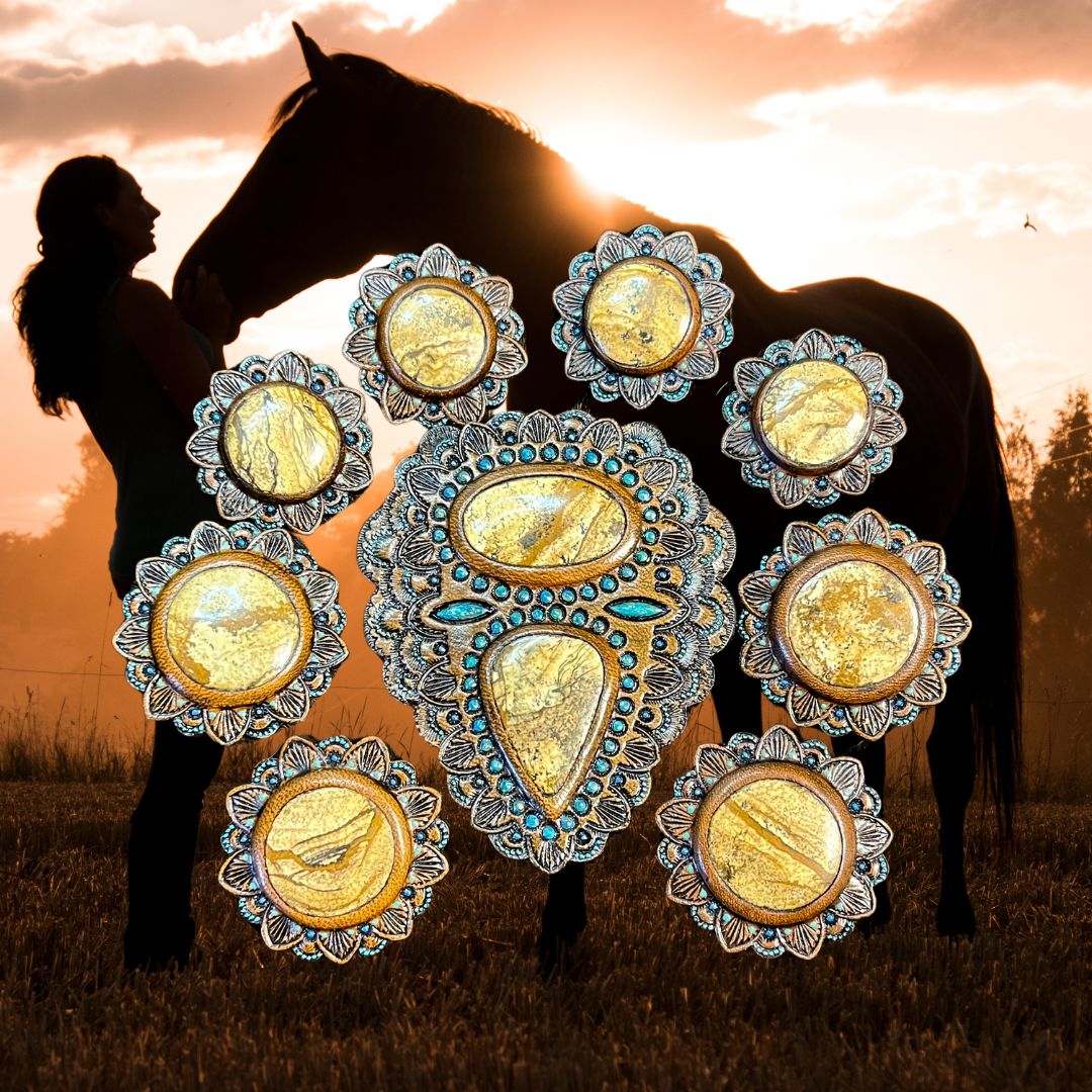 Set of horse tack conchos - Horse accessories - Matching tooled leather conchos with picture jasper - Horse jewelry by Gemsplusleather