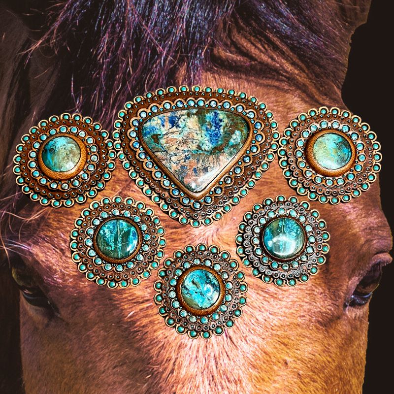 Horse tack conchos - Horse tack accessories - Set of matching tooled leather conchos with shattuckite - Horse accessories by Gemsplusleather
