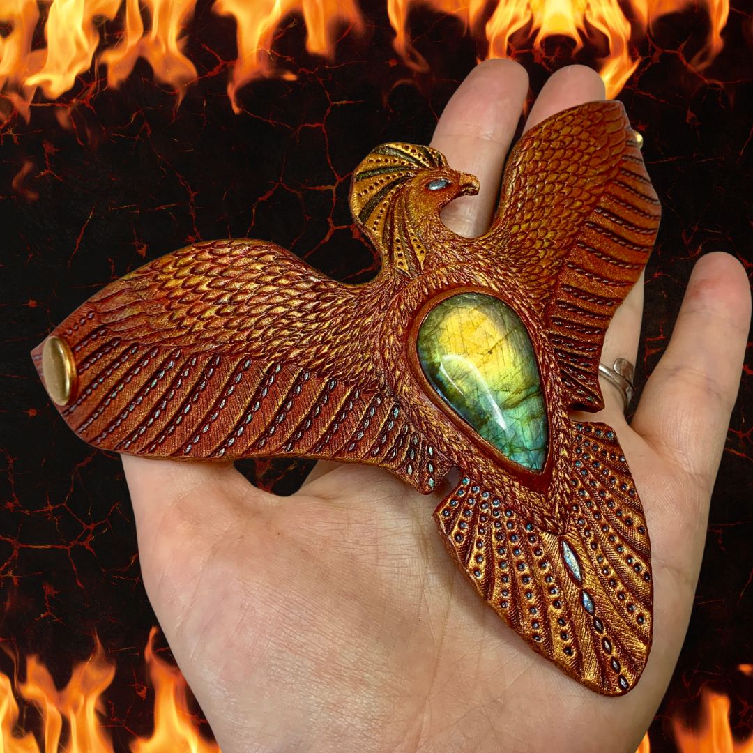 Tooled leather phoenix bracelet - Hand tooled and hand painted leather firebird cuff bracelet with labradorite cabochon and iridescent sheen by GemsPlusLeather