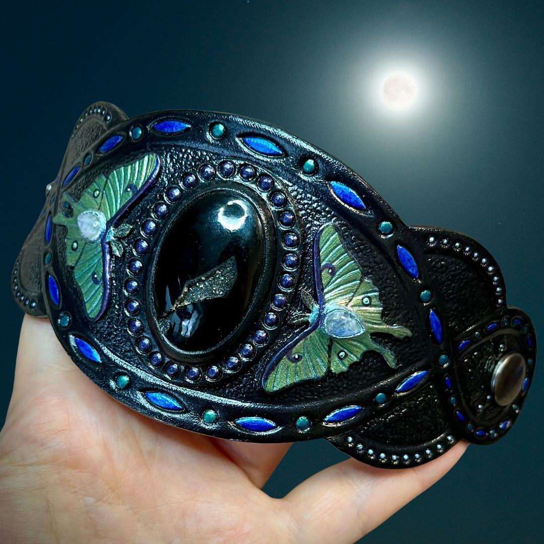 Hand Tooled Leather Bracelet with Onyx Druzy and Luna Moths with Moonstone bodies - Exclusive Fantasy Jewelry by GemsPlusLeather