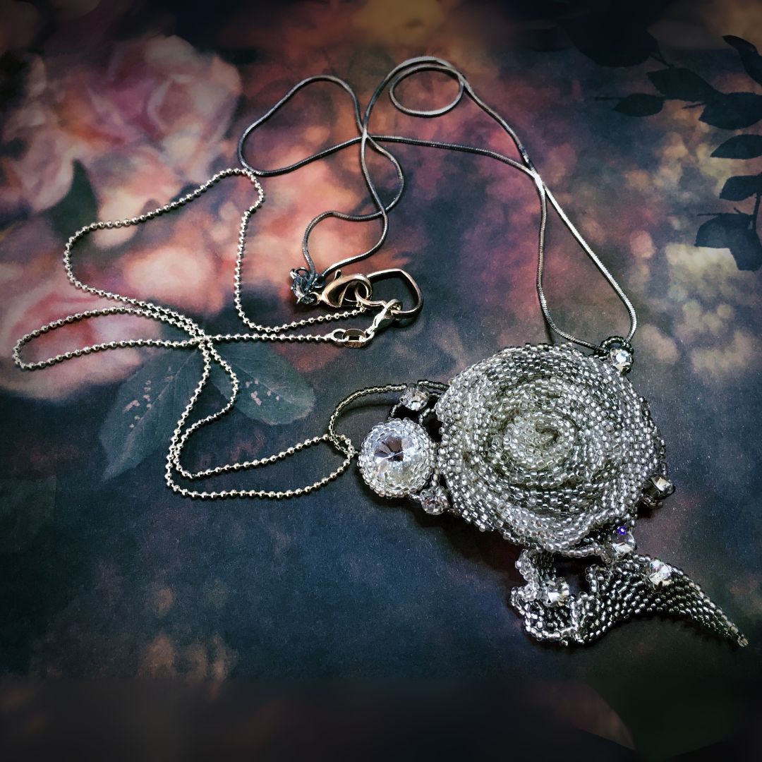 Beaded silver rose pendant with crystal clear rhinestone dew drops and sterling silver chains - Artisan Jewellery by GemsPlusLeather