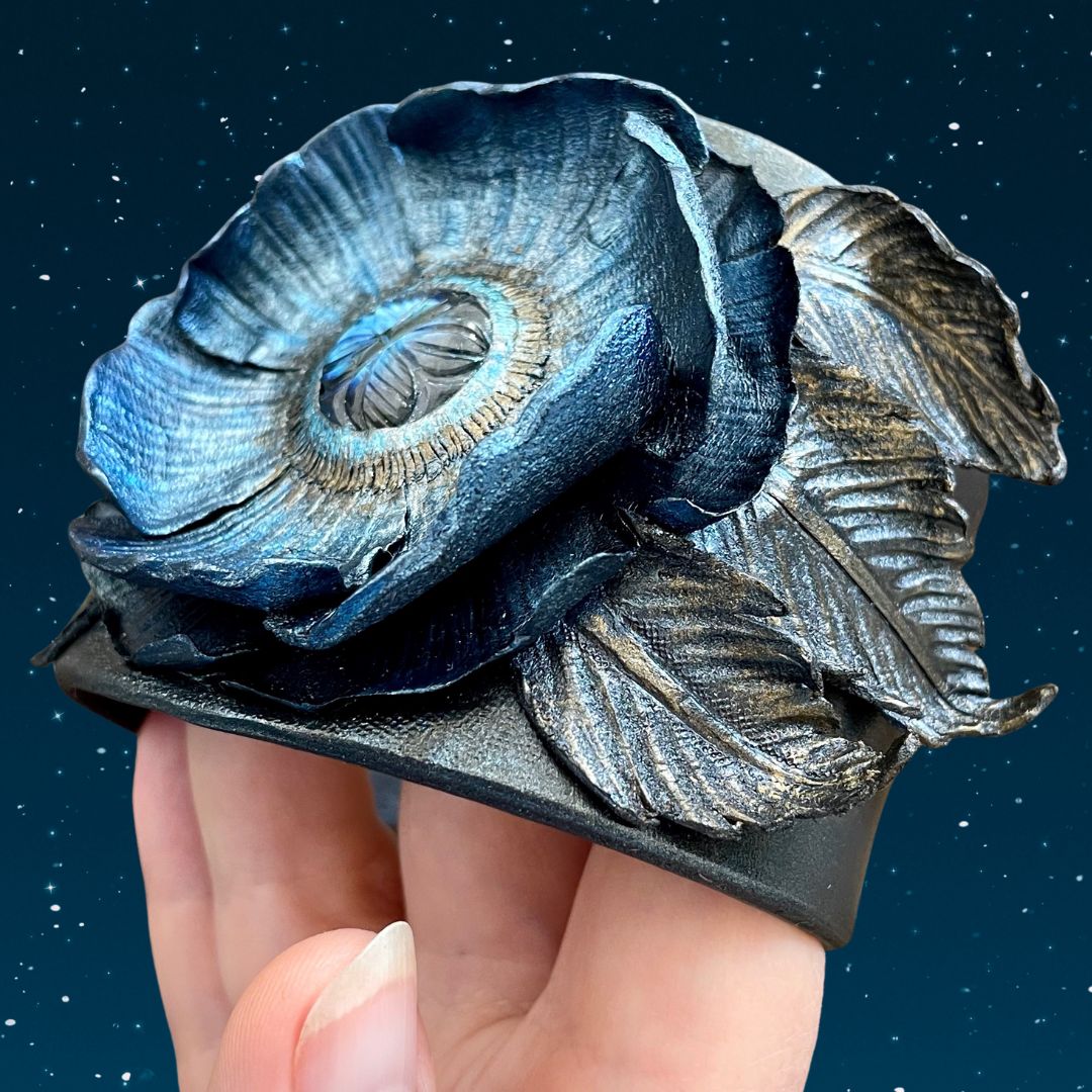 Hand tooled leather bracelet with 3D fantasy flower and leaves with bronze sheen - Floral leather cuff bracelet with blue labradorite