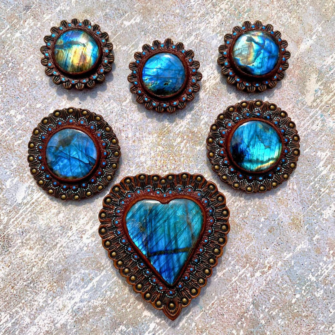 Tooled leather horse tack conchos with blue labradorite