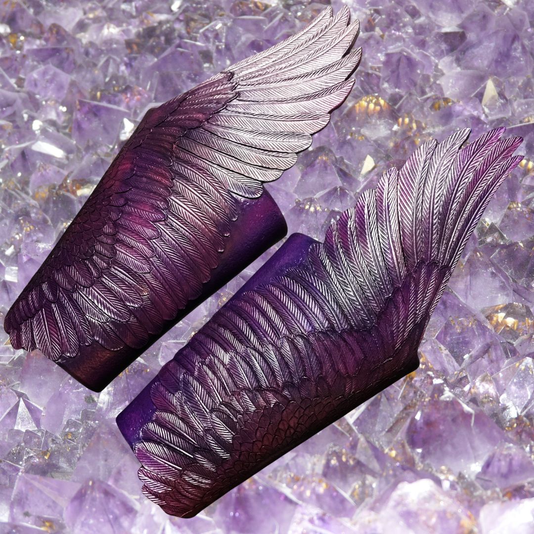 Tooled leather bracers &quot;Amethyst wings&quot; - Purple hand carved leather fantasy winged cuffs