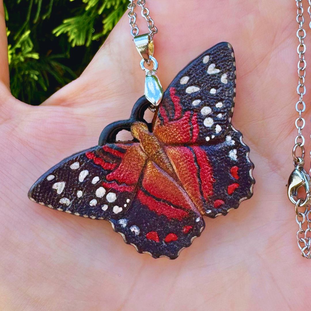 Tooled leather  Scarlet Peacock butterfly brooch / pendant transformer - Lifelike Anartia amathea - Exclusive gif for her by GemsPlusLeather