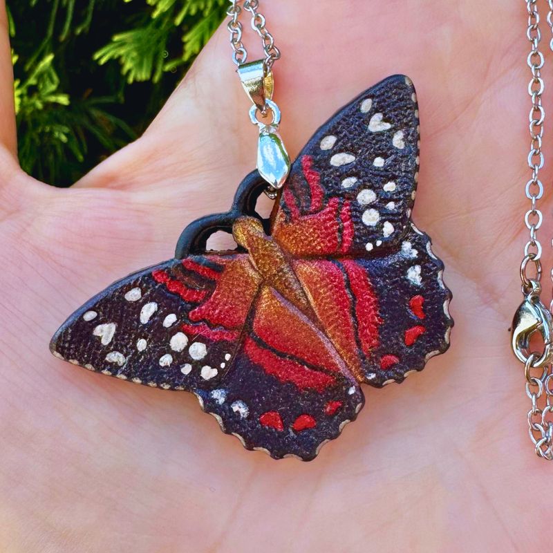 Tooled leather  Scarlet Peacock butterfly brooch / pendant transformer