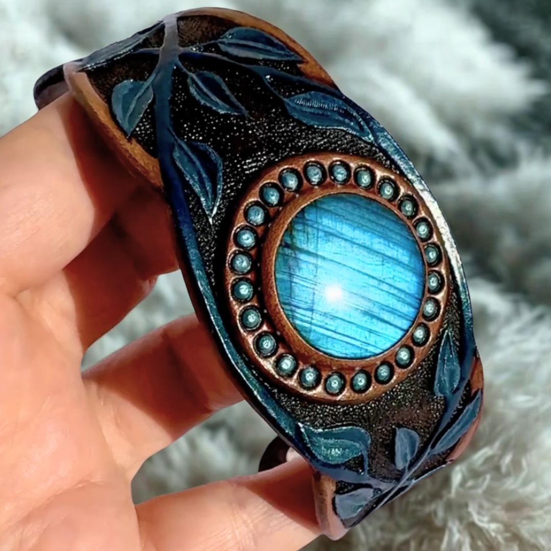 Tooled leather bracelet with blue labradorite and shimmering blue vines with iridescent sheen - Boho cuff bracelet by GemsPlusLeather