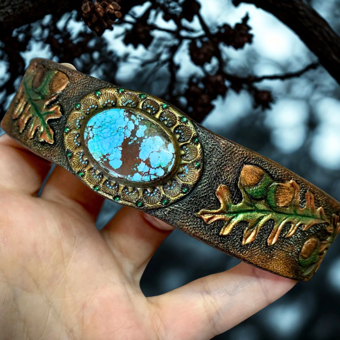 Hand tooled and hand painted leather Western / wicca / pagan / druid&#39;s bracelet with turquoise and carved oak leaves and acorns