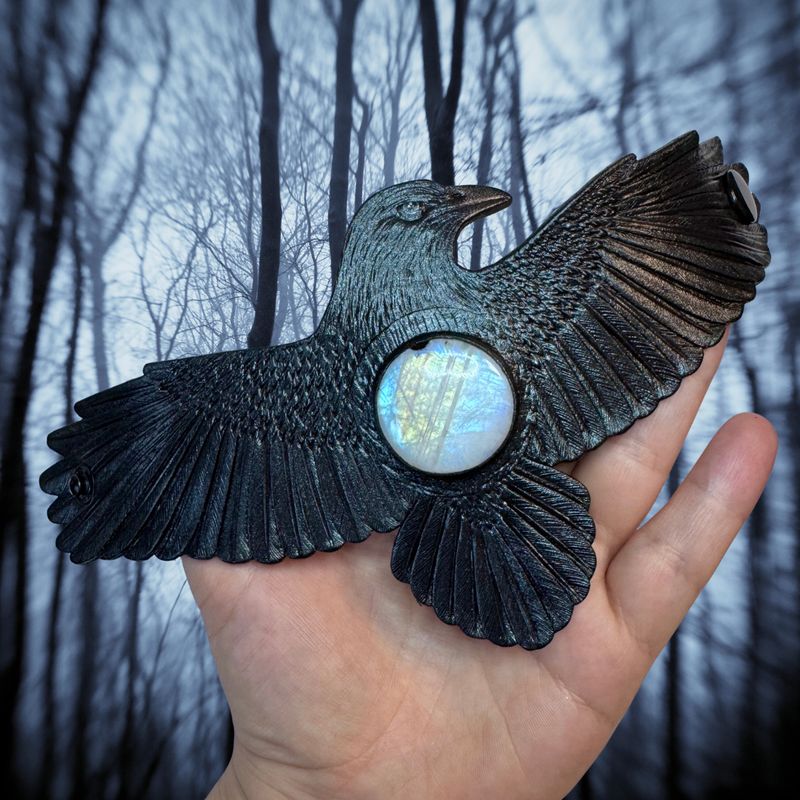 Tooled leather raven bracelet with rainbow moonstone - Black leather cuff bracelet with iridescent sheen