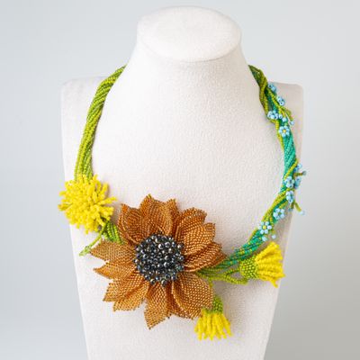 Handmade beaded floral necklace with golden sunflower, dandelions and forget-me-nots - Artisan jewelry by GemsPlusLeather