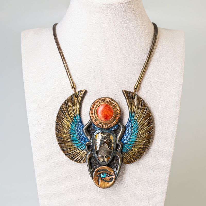 Tooled leather winged scarab necklace