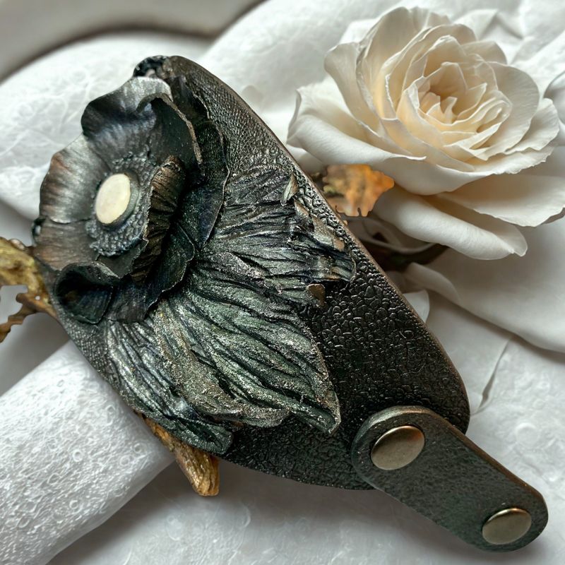 Black tooled leather bracelet with 3D flower and leaves with silver sheen