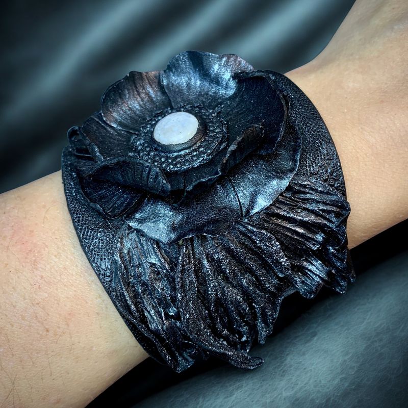 Black tooled leather bracelet with 3D flower and leaves with silver sheen - Floral leather cuff bracelet with blue moonstone