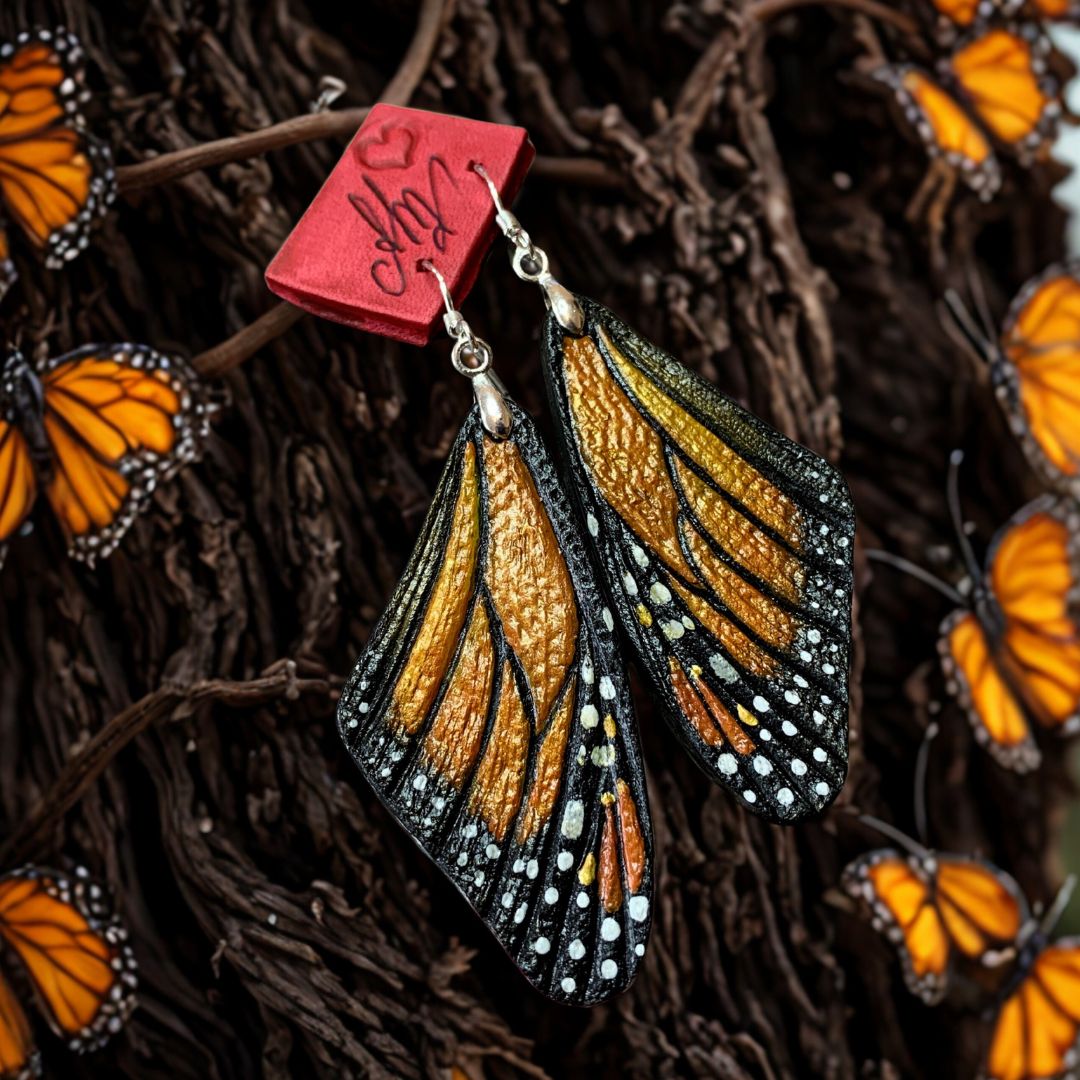 Tooled leather monarch butterfly wings earrings