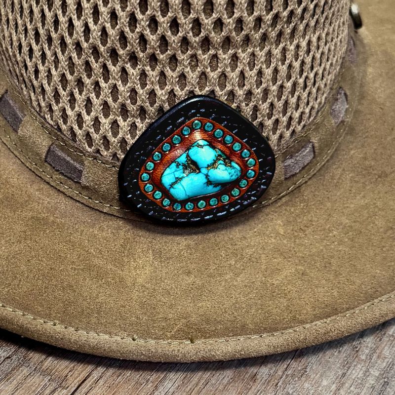 Tooled leather concho with Hubei turquoise