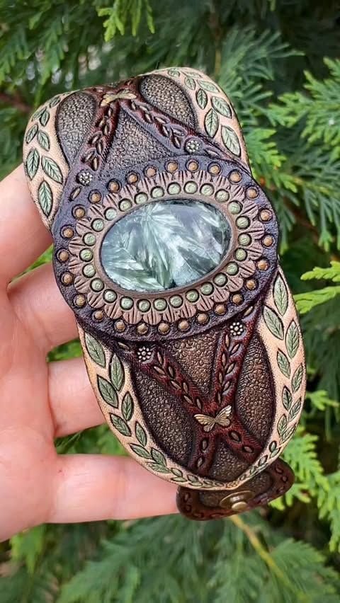 Tooled leather bracelet with seraphinite