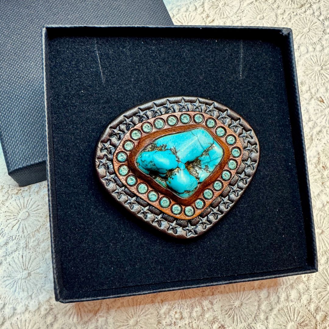 Tooled leather concho with Arizona turquoise
