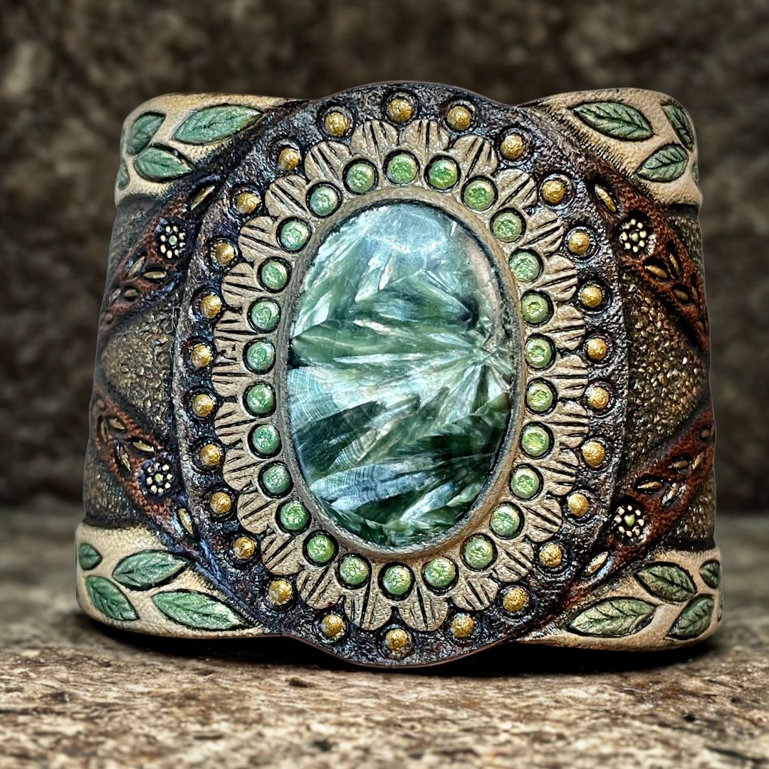 Tooled leather bracelet with seraphinite