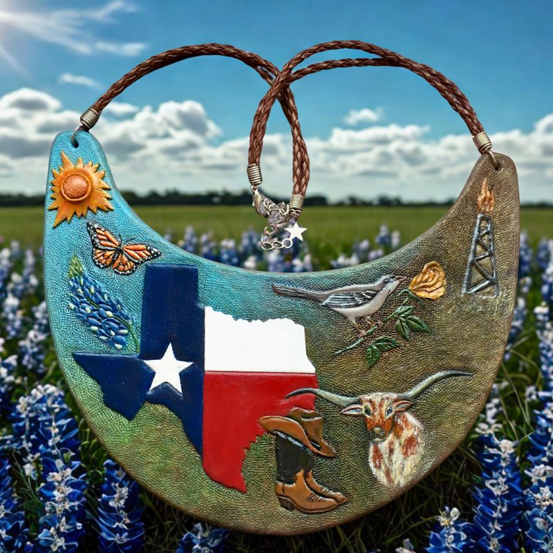 Patriotic tooled leather bib necklace with symbols of Texas