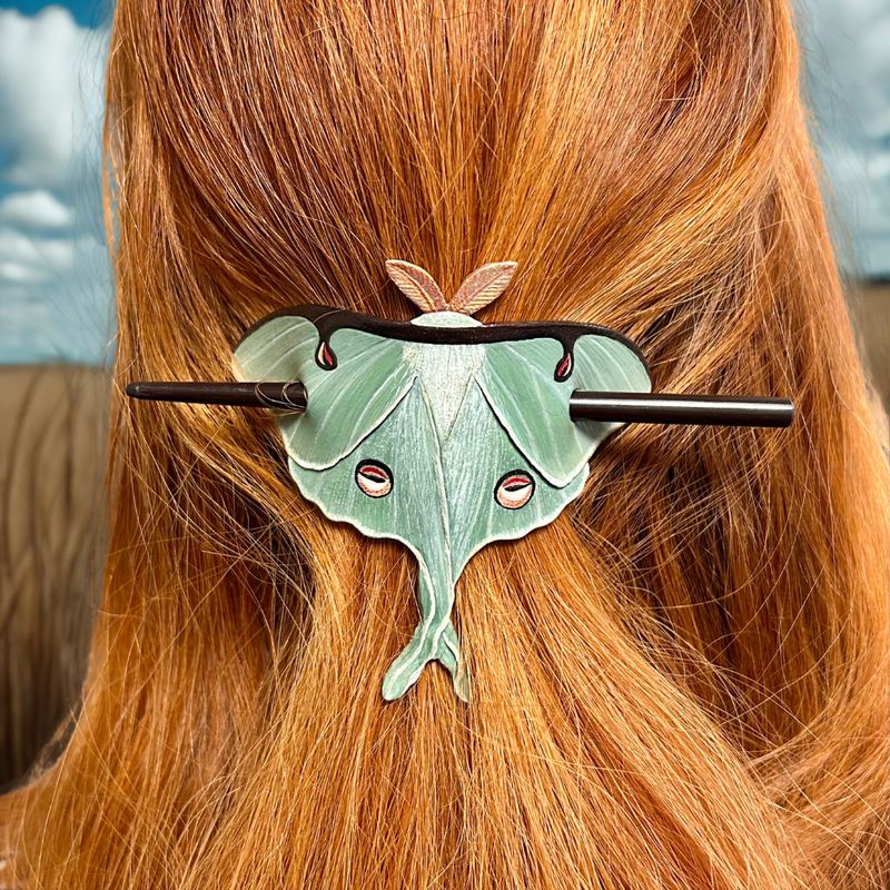 Life-like tooled leather Luna moth hair barrette / shawl pin brooch