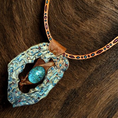Tooled leather necklace with natural blue turquoise
