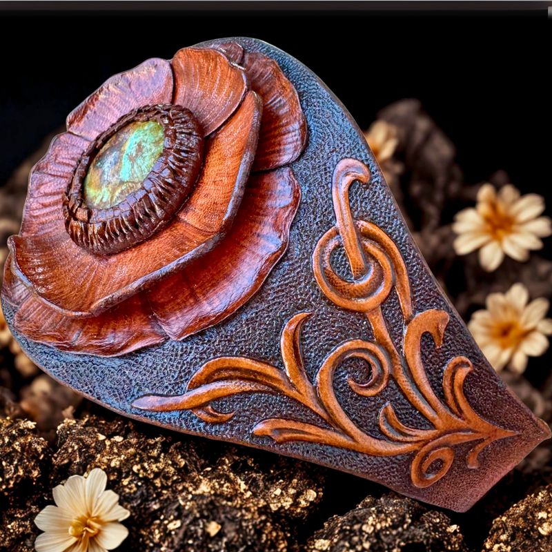 Western style tooled leather bracelet with natural Arizona turquoise