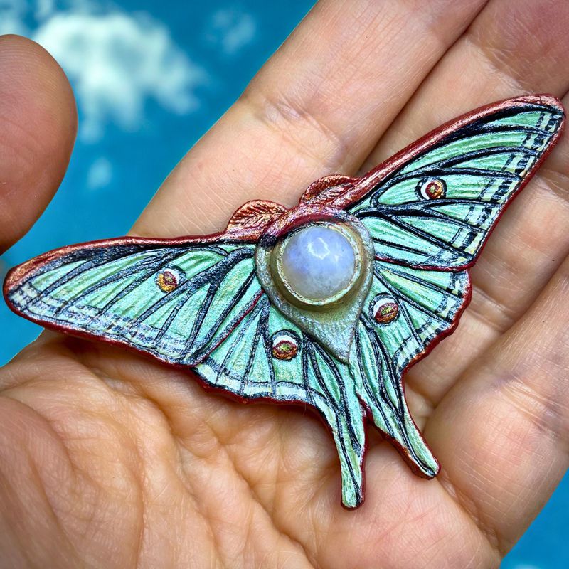 Tooled leather Luna moth brooch / pendant transformer with moonstone