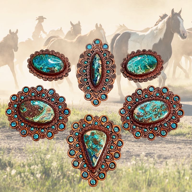 Set of tooled leather horse tack conchos with shattuckite