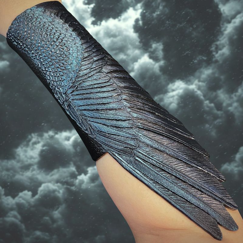 Tooled leather raven wing bracer
