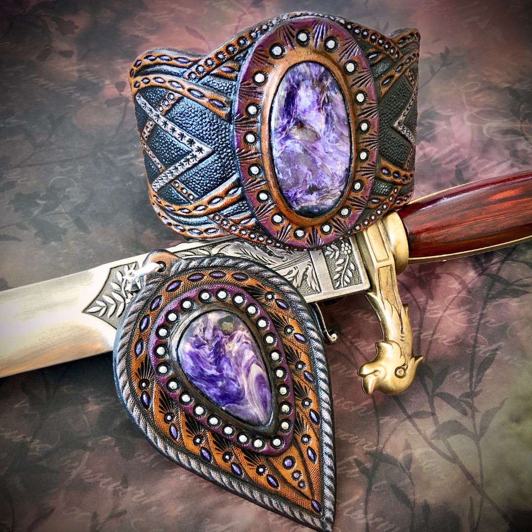 Tooled Leather Boho Jewellery Set with Charoite