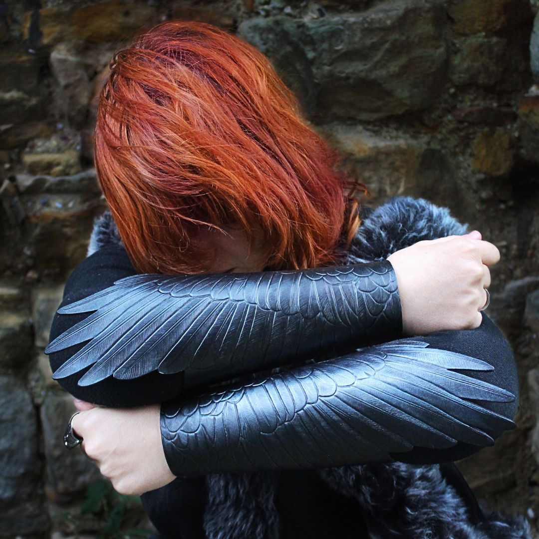 Tooled Leather Raven Wing Bracers: Iridescent Black Cosplay Armguards