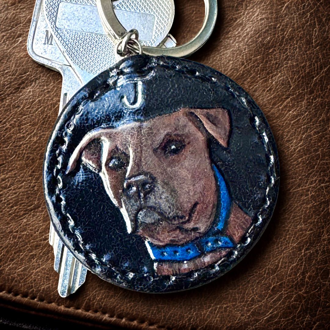 Tooled leather pet portrait key holder / ash urn