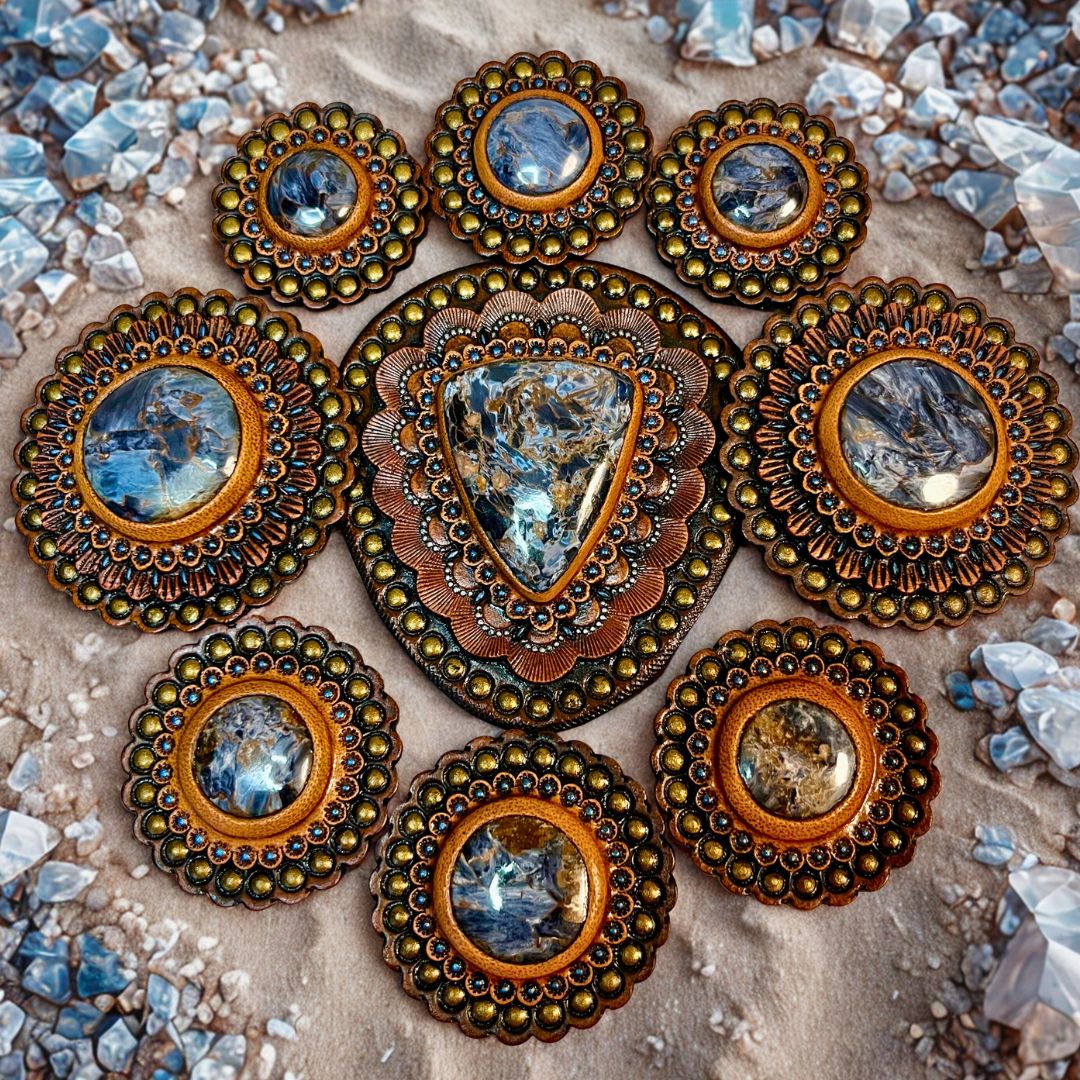 Set of exclusive horse tack conchos with pietersite