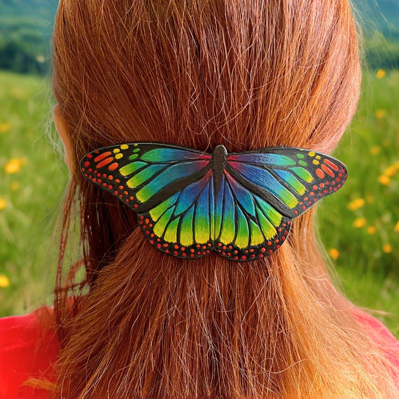 Hand tooled leather rainbow monarch butterfly hair barrette